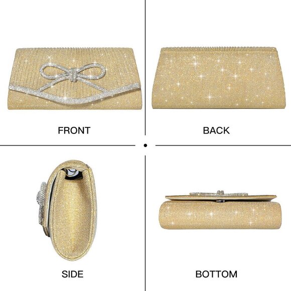 Women Bow Gold Imported Magnetic Purse Rhinestone Envelope  Women Bow Gold Imported Magnetic Purse Rhinestone Envelope Party Handbag